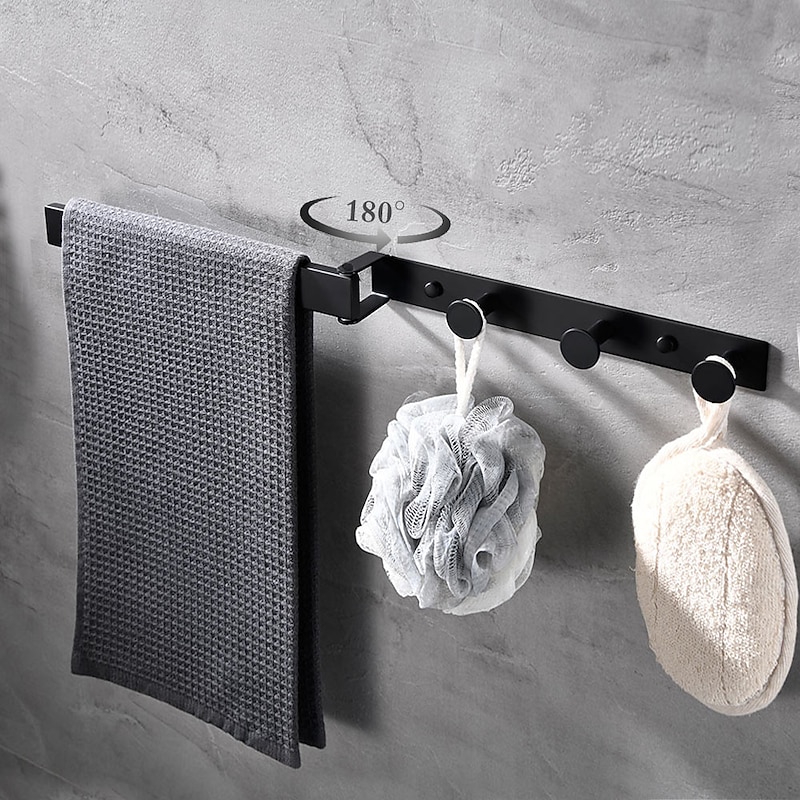 Towel Rail Brushed Stainless Steel with Towel Hook, Towel Rail 180 Degree Rotation Adjustable Hook Bath Towel Holder Drilling, Bath Towel Hook Robe Hook Coat Hook