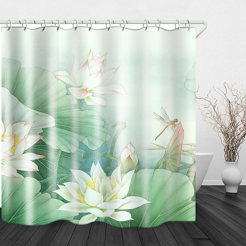 Waterproof Fabric Shower Curtain 180cm*180cm(70"*70")with Hooks White Lotus Digital Print for Bathroom Home Decor Covered Bathtub Curtains Liner2