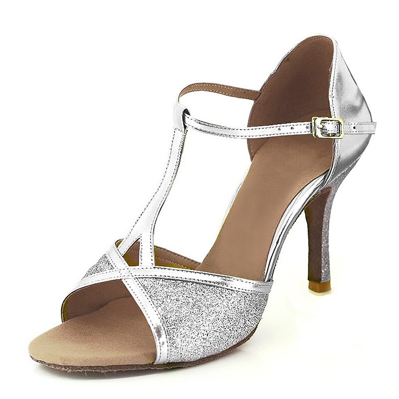 Women's Latin Dance Shoes Salsa Shoes Performance Indoor Sparkling Shoes Sandal Glitter Buckle T-Strap Black Red Silver2