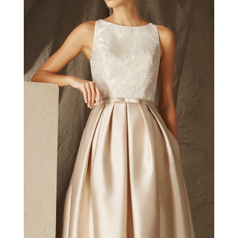 Beach Wedding A-Line Evening Gown Elegant Dress Formal Evening Floor Length Sleeveless Jewel Neck Fall Wedding Guest Satin with Sash / Ribbon Pleats Appliques2