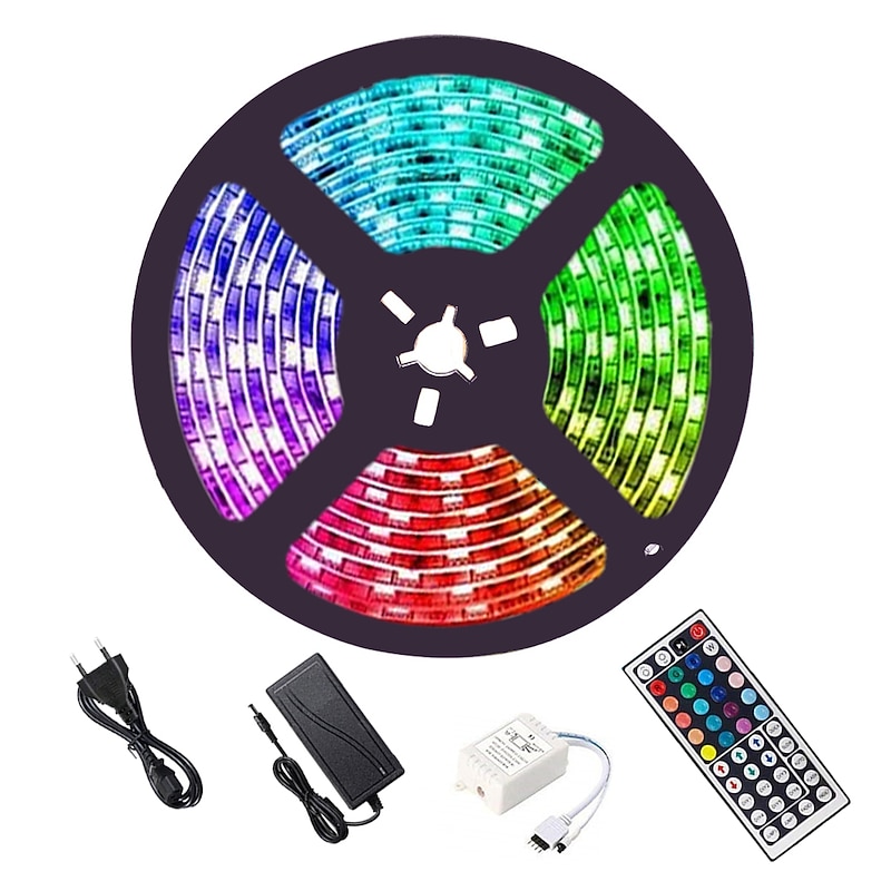 5M 16.4ft LED Strip Lights RGB TV Backlight Bedroom Kitchen Decor 300 x 5050SMD IR 44Key Remote Control Self-adhesive Color-Changing
