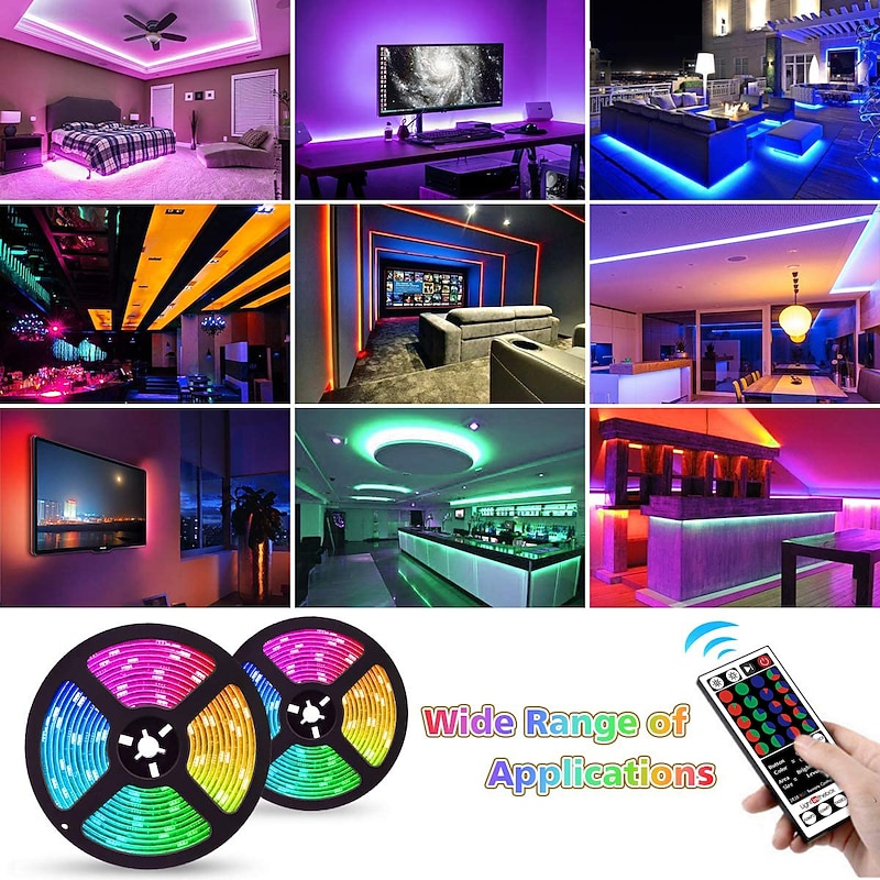 (2x5M)10M 32.8ft LED Light Strips RGB TV Backlight Bedroom Kitchen Christmas DIY Decor 2835 600SMD Color Changing with 44 Key IR Remote Home Kitchen DC 12V4