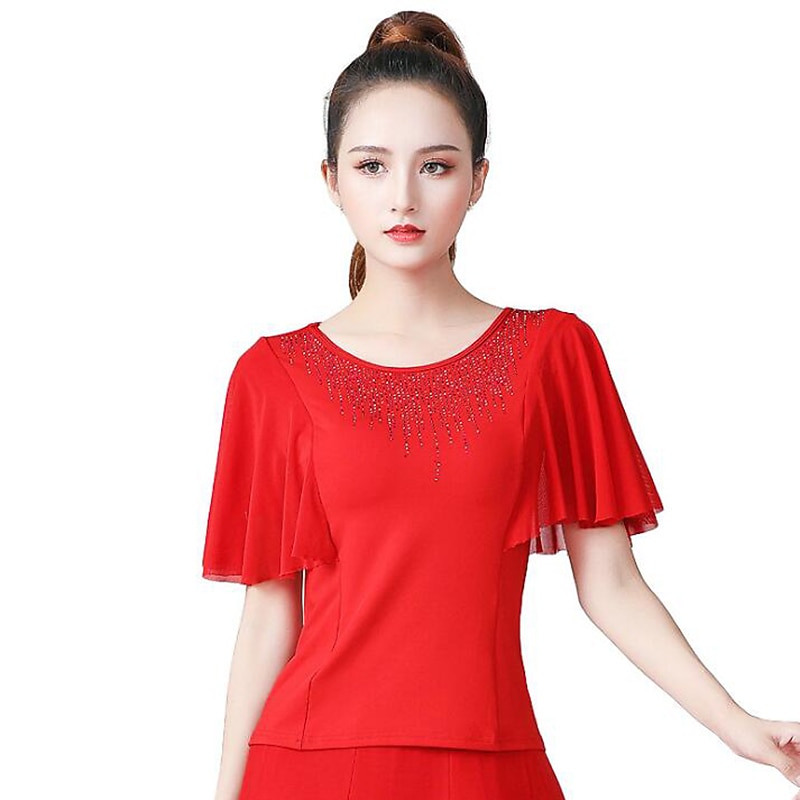 Ballroom Dance Top Split Joint Crystals / Rhinestones Women's Training Performance High Polyester3