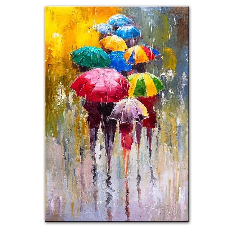 Oil Painting 100% Handmade Hand Painted Wall Art On Canvas People Hold Umbrellas Abstract Landscape Comtemporary Modern Home Decoration Decor Rolled Canvas No Frame Unstretched