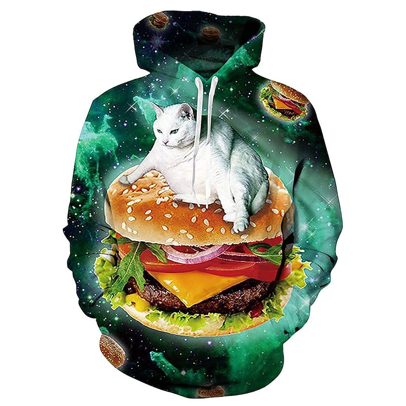 Men's Graphic Cat Animal Patterned Hoodie Hoodies Sweatshirt Basic Casual Hooded Daily Weekend Green Designer