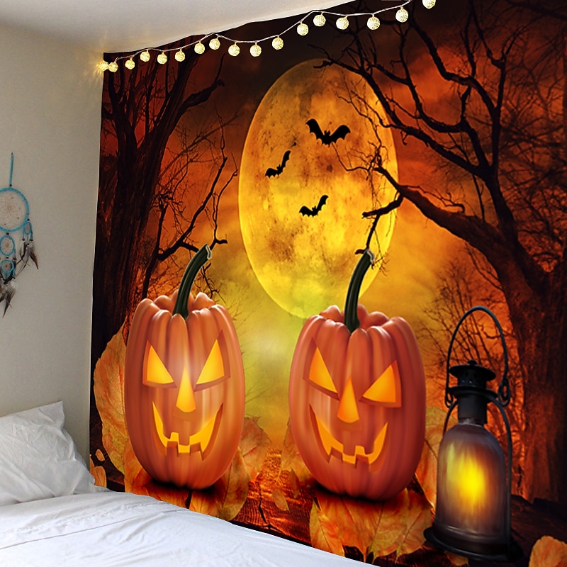 Halloween Decorations Tapestry Jack O Lantern Pumpkin Decor Wall Art Large Hanging Tapestry Mural Decor Photograph Backdrop Blanket Curtain Home Bedroom Living Room Bat Witch Haunted Scary Graveyard