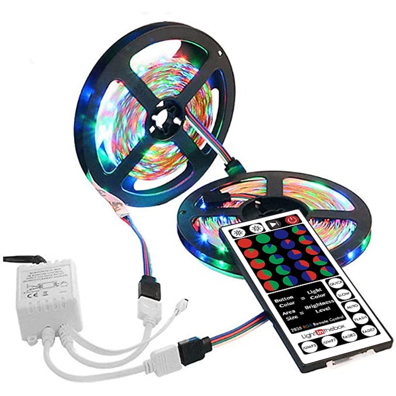(2x5M)10M 32.8ft LED Light Strips RGB TV Backlight Bedroom Kitchen Christmas DIY Decor 2835 600SMD Color Changing with 44 Key IR Remote Home Kitchen DC 12V2