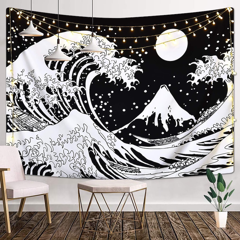 Japanese Painting Style Kanagawa Wave Wall Tapestry Art Decor Blanket Curtain Hanging Home Bedroom Living Room Decoration Ukiyo-e Sea Tarot Black White4
