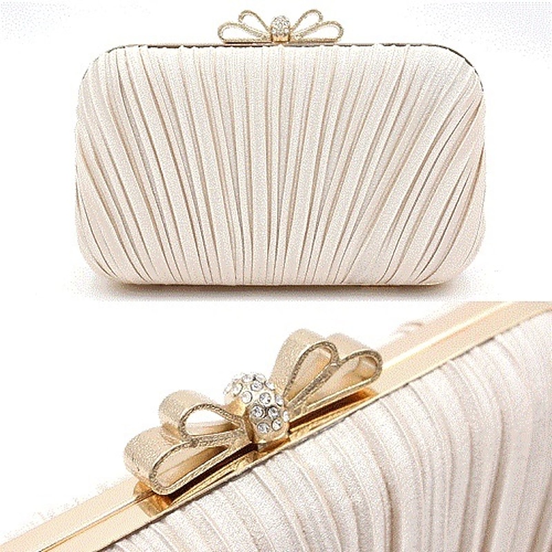 Women's Elegant White Pleated Clutch Bag – Rhinestone Bow Evening Handbag for Weddings, Parties, and Formal Events4
