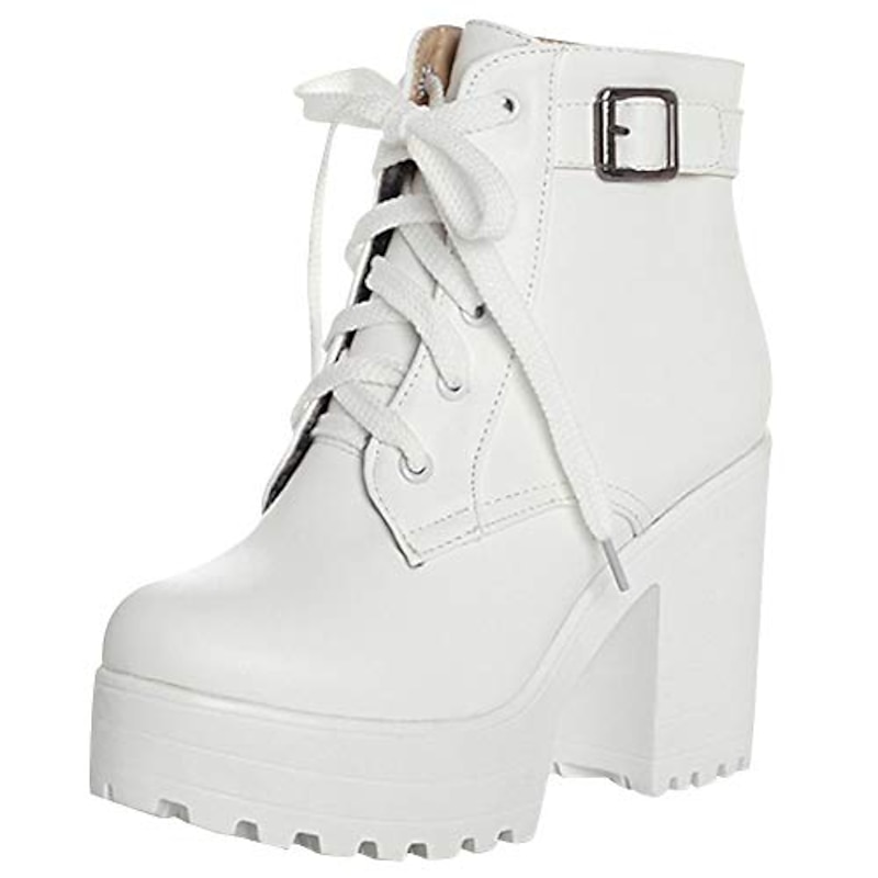 Women's White Platform Ankle Boots, Chunky Heel with Lace - Up & Buckle Detail, Edgy Style for Everyday & Party Looks4