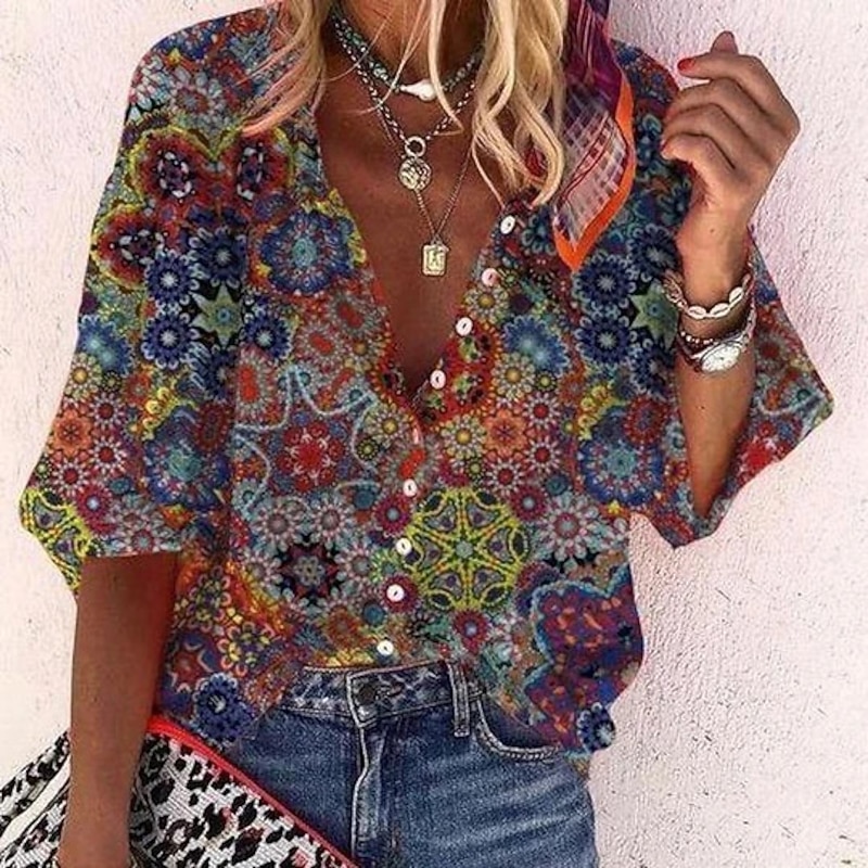 Women's Shirt Blouse White Navy Blue Rainbow Graphic Floral Print Long Sleeve Casual Daily Vintage Tropical Shirt Collar Regular Floral S4