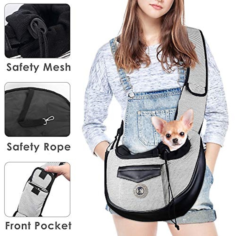 pet sling, small pets puppy dog cat sling carrier bag hands-free with adjustable padded strap front pouch single shoulder bag carrying tote for outdoor walking (grey)2