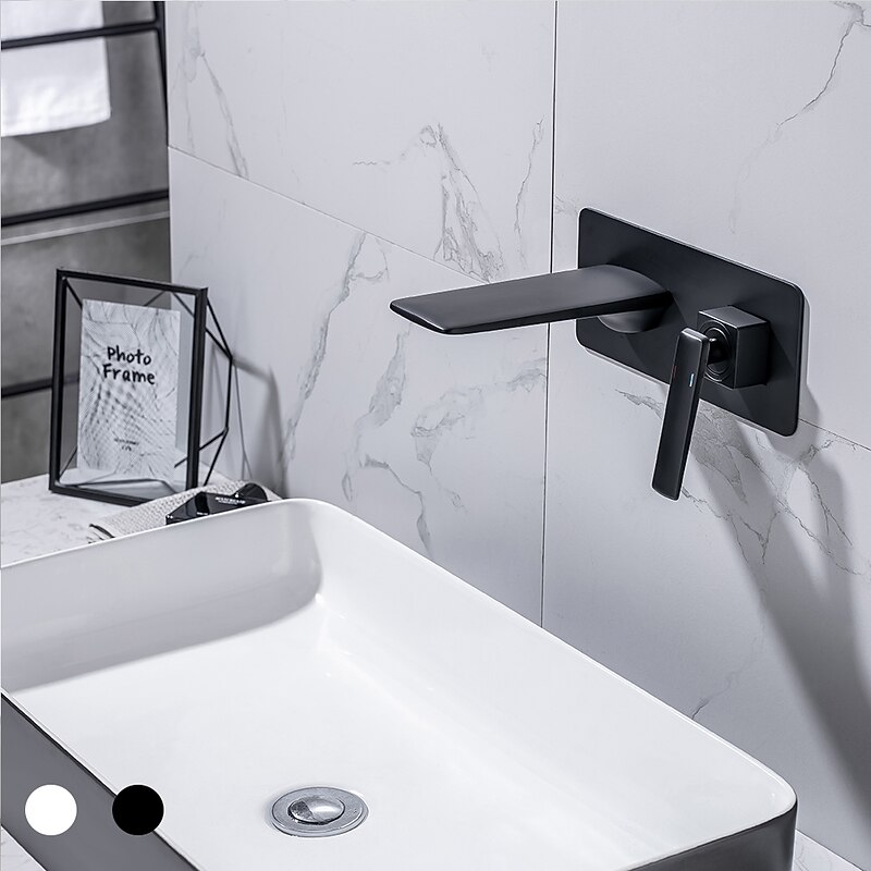 Brass Wall Mounted Bathroom Sink Faucet,Black/Silvery Waterfall Painted Finishes Bath Taps with Hot and Cold Switch2