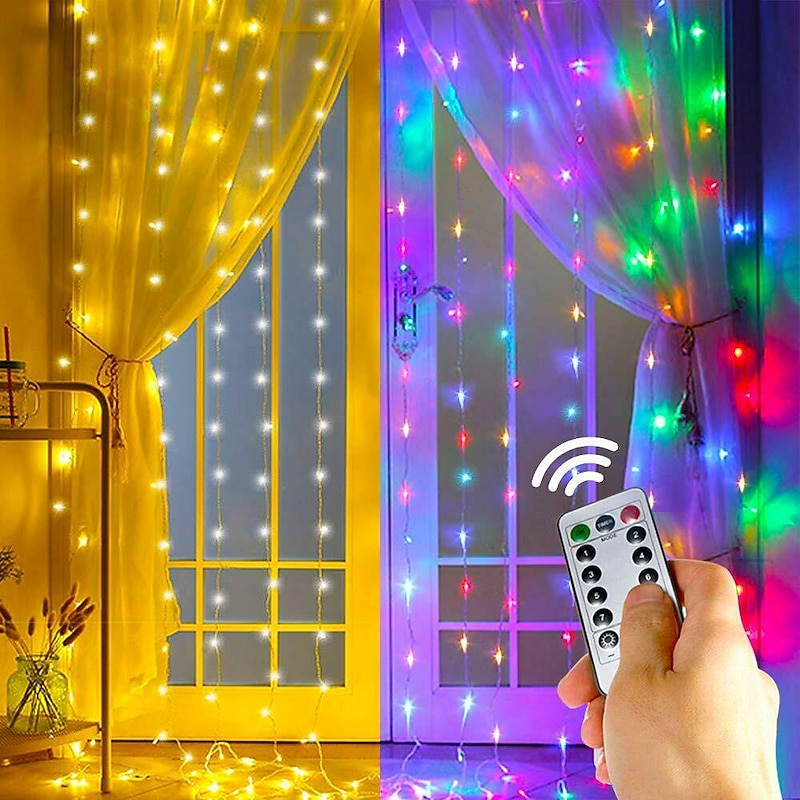 LED Curtain String Lights Flash Fairy Garland 3x1 3x2 3x3M 300 LEDS USB Remote Control for New Year Christmas Outdoor Wedding Home Window Docoration