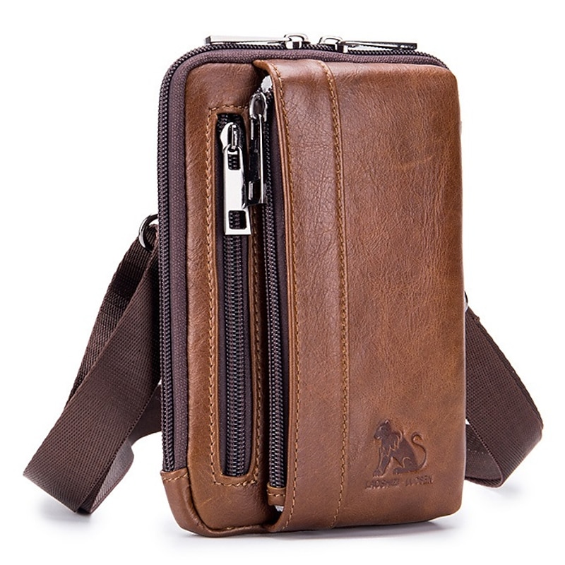 Sleek Brown Leather Vertical Sling Bag - Compact Men's Crossbody Bag with Multiple Zippered Pockets, Ideal for Daily Use and Travel2