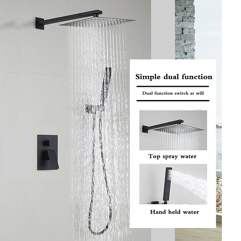 Concealed Shower Faucet Combo Set Black, 8"/10"/12"Ultra Thin Top Head Shower System Mixer Rough In Valve Rainfall High Pressure Head with Handheld, Wall Monted Tub and Shower Trim Kit Bathroom Bath3