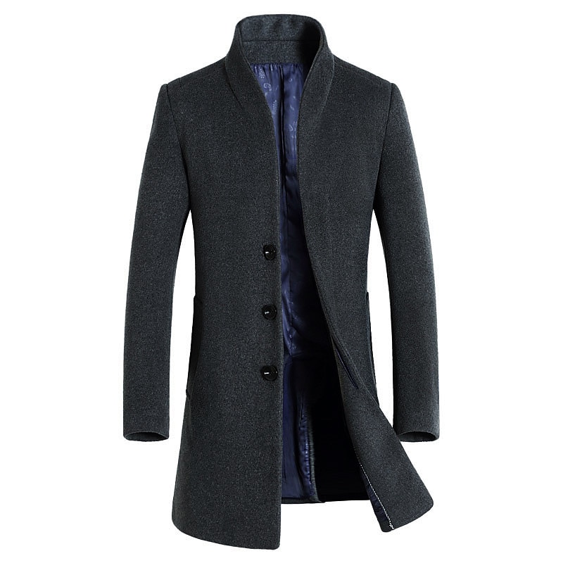 Men's Winter Coat Wool Coat Overcoat Outdoor Business Fall & Winter Wool Windproof Warm Outerwear Clothing Apparel Modern Style Solid Colored Stand Collar Single Breasted