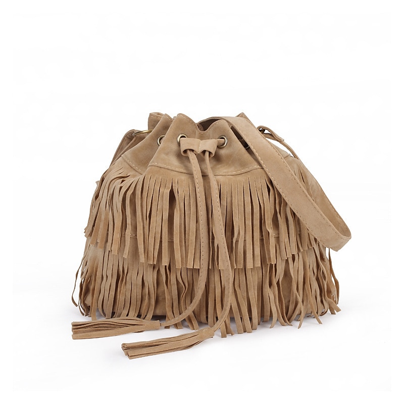 Women's Suede Fringe Bucket Bag – Boho Style Drawstring Crossbody Purse for Music Festivals, Casual Outings, and Weekend Getaways4