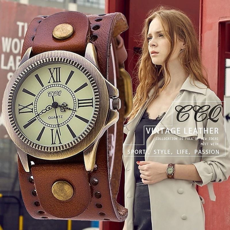 Quartz Watch for Women Men Analog Quartz Retro Vintage Metal PU Leather Strap Wrist Watch