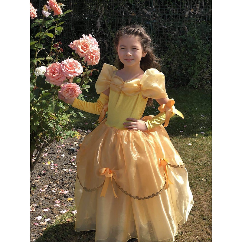 Princess Belle Dress Flower Girl's Dress with Gloves Off Shoulder Beauty and Beast Cosplay Costume Party Costume Girls' Kid's Costume Vintage Cosplay Sleeveless Wedding Guest3