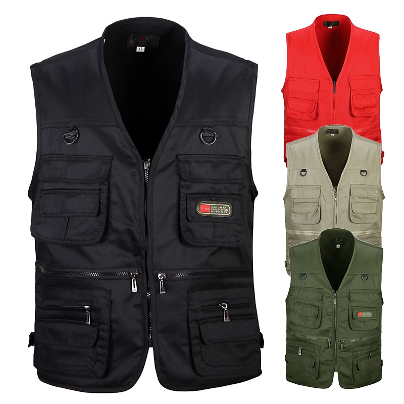 Men's Hiking Vest / Gilet Fishing Vest Outdoor Lightweight Breathable Wear Resistance Multi Pocket Travel Cargo Safari Vest Jacket Top Single Slider Camping Hunting Fishing Black Red Army Green Khaki