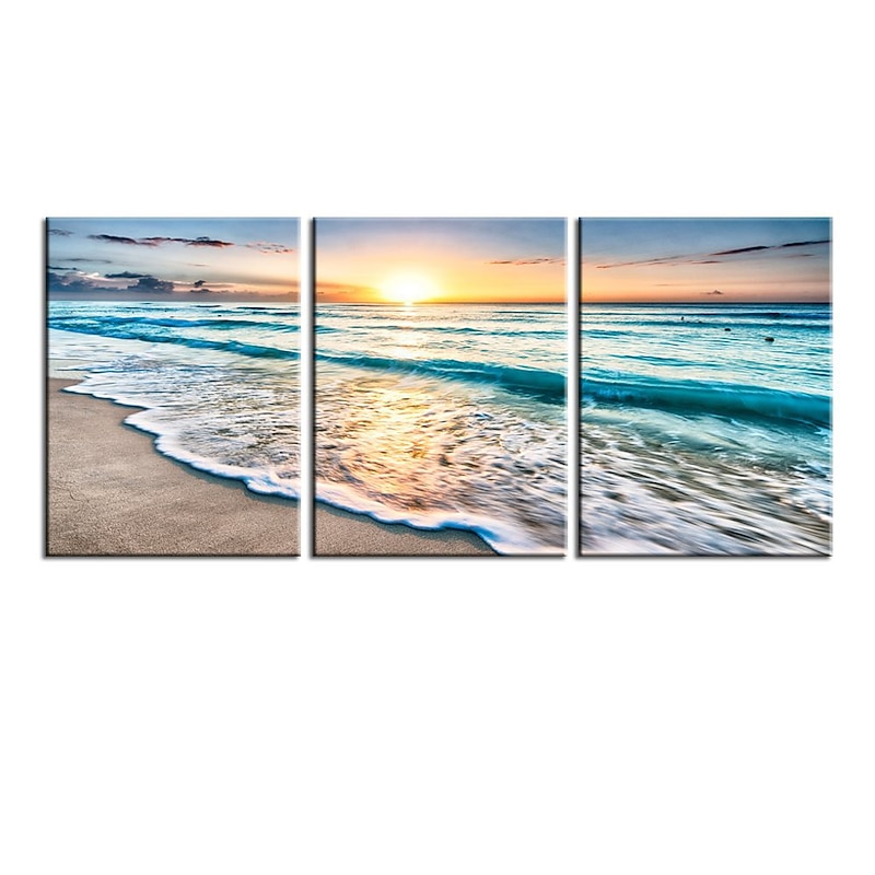 3 Panels Wall Art Canvas Prints Posters Painting Artwork Picture Blue Sea Sunset White Beach Landscape Modern Home Decoration Décor Rolled Canvas No Frame Unframed Unstretched3