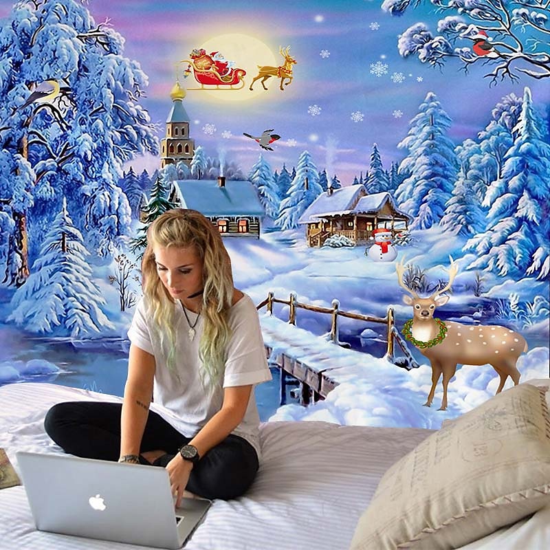 Christmas Decorations White Winter Snow Reindeer Wall Tapestry Holiday Party Xmas Decor Photo Background Backdrop Blanket Curtain Tablecloth Hanging Bedroom Living Room Santa Claus Gift Polyester3
