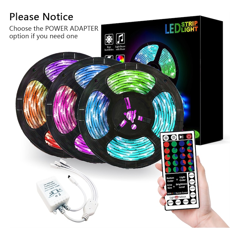 3x5M 49ft LED Strip Lights Christmas Party TV Backlight Décor 900 2835SMD RGB Flexible IR 44Key Remote Control 1 To 3 Cable Connector Self-adhesive Color-changing3