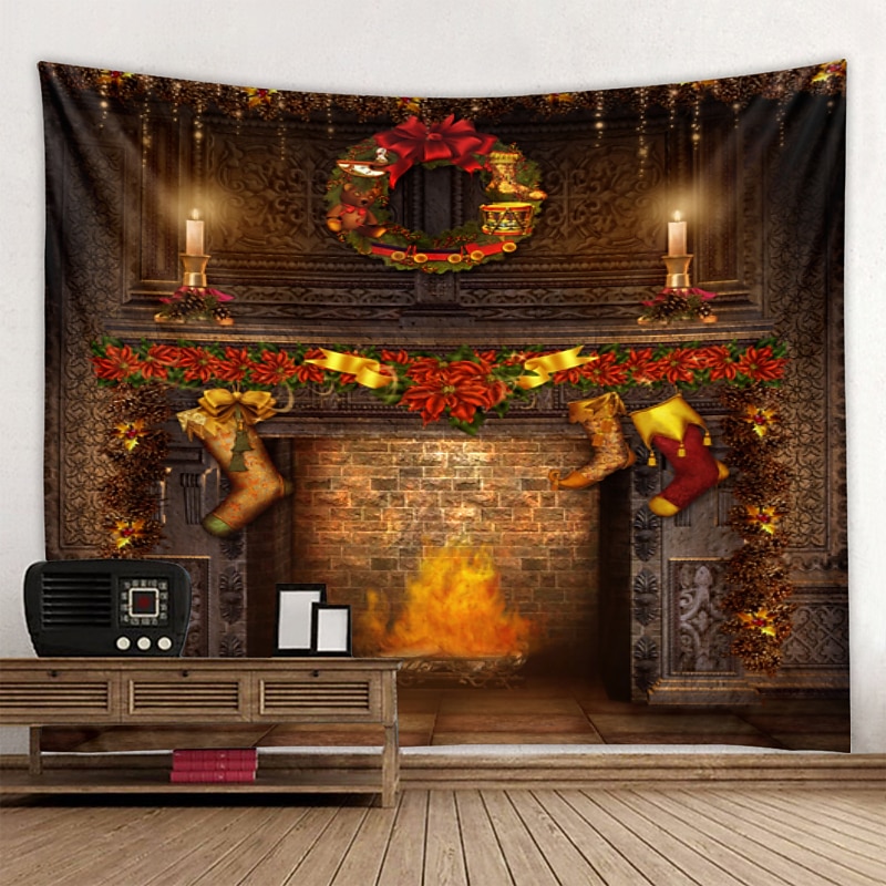 Christmas Decorations Santa Claus Christmas Tree Holiday Party Xmas Large Wall Tapestry Art Decor Photo Background Backdrop Blanket Hanging Home Bedroom Living Room Fireplace Stocking Gift Polyester2