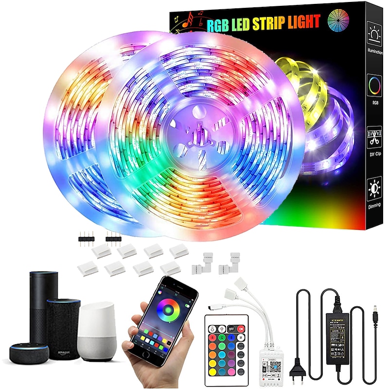32.8Ft 10M LED Light Strips LED WiFi Wireless RGB Tiktok Lights LED Smart Waterproof 5050 with 24 Keys Remote Control Flexible Tape Lights Fits AlexaGoogle Home and 12V Adapter