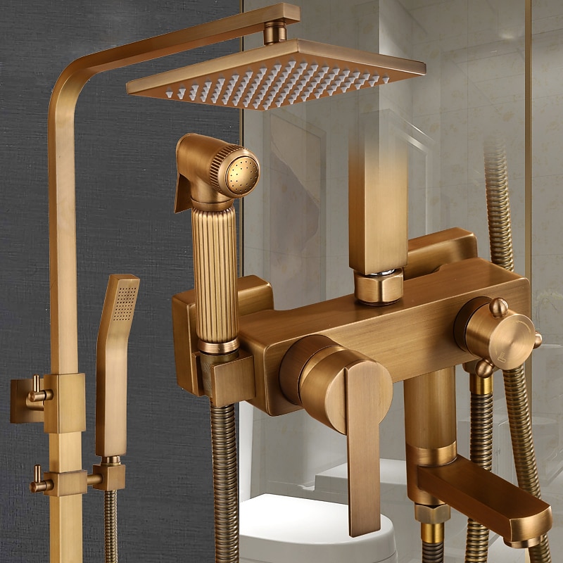 Shower Faucet,Antique Brass Shower System Set,Mount Outside Waterfall Pullout Included Multi Spray and Rainfall Shower Bath Shower Mixer Taps with Cold and Hot Switch