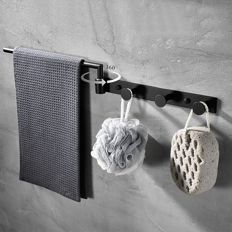 Multifunctional Rotating Towel Bar with 3 Rows of Hooks Stainless Steel Material Wall Mounted for Bathroom 1pc2