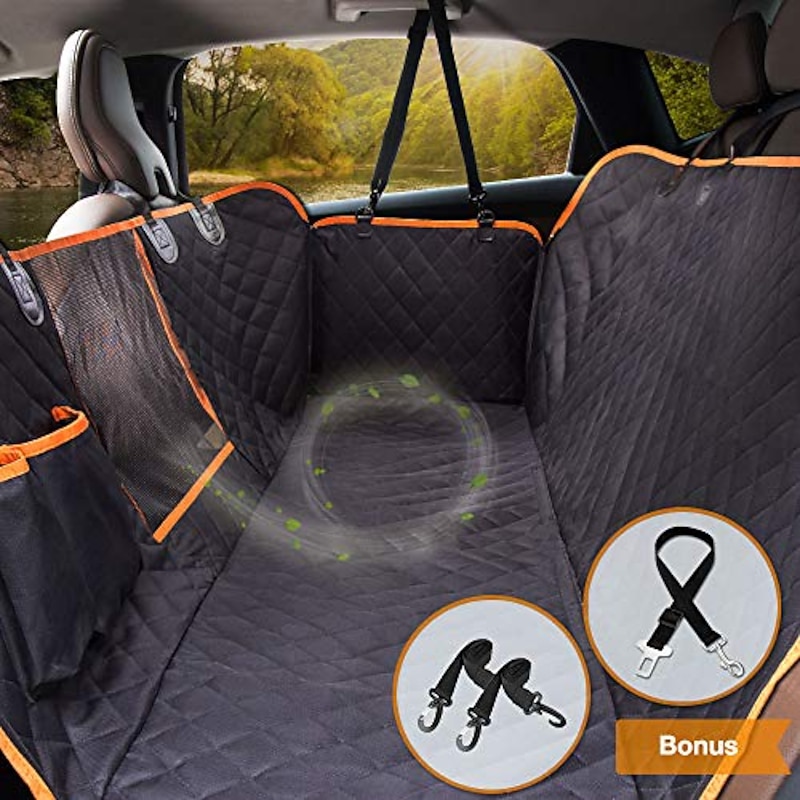 dog car seat covers 100% waterproof, dog seat cover with side flaps from scratching, pet seat cover for back seat of car/suv/truck with dog seat belt machine washable2