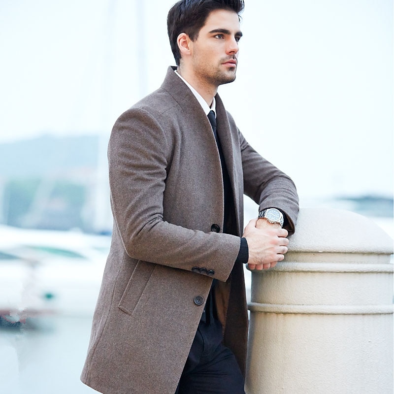 Men's Winter Coat Wool Coat Overcoat Outdoor Business Fall & Winter Wool Windproof Warm Outerwear Clothing Apparel Modern Style Solid Colored Stand Collar Single Breasted2