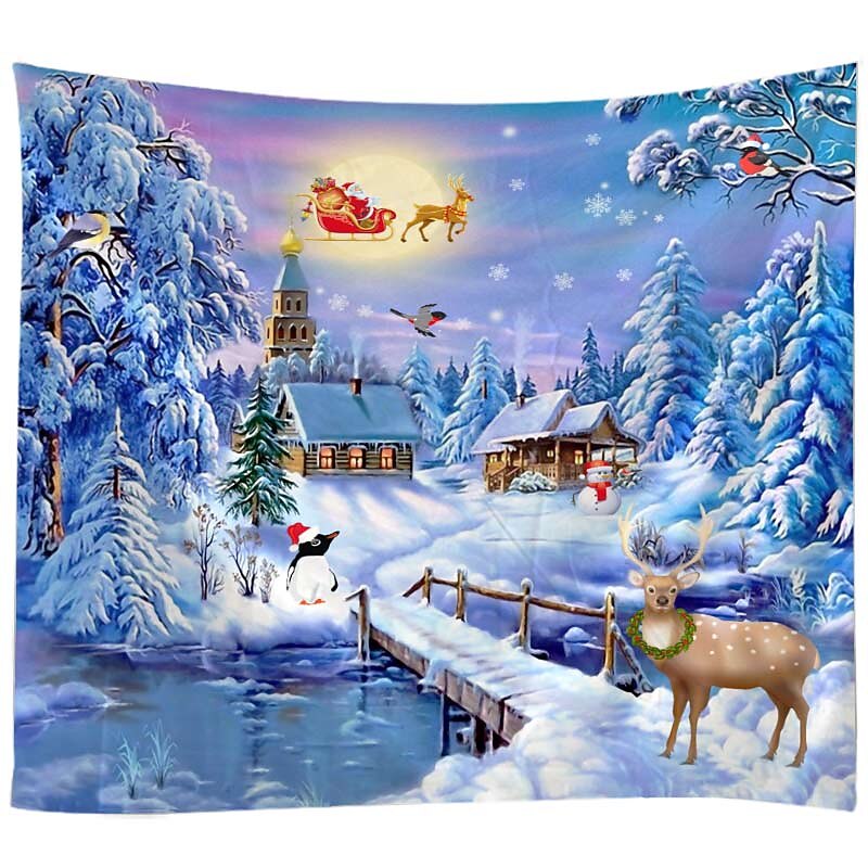 Christmas Decorations White Winter Snow Reindeer Wall Tapestry Holiday Party Xmas Decor Photo Background Backdrop Blanket Curtain Tablecloth Hanging Bedroom Living Room Santa Claus Gift Polyester4