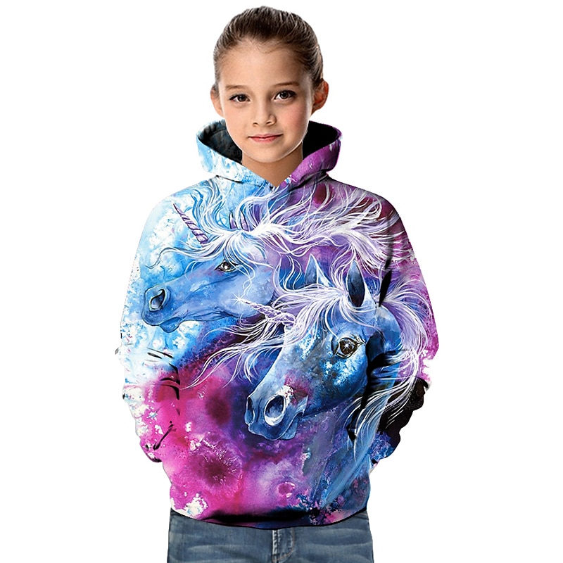 Kids Toddler Girls' Hoodie & Sweatshirt Long Sleeve Unicorn Geometric 3D Animal Print Purple Children Tops Active Basic
