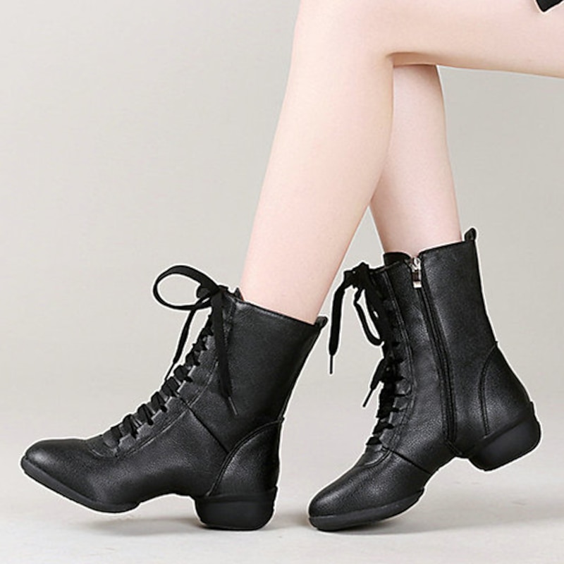 Women's Black Lace-Up Dance Boots with Side Zipper for Performance and Practice