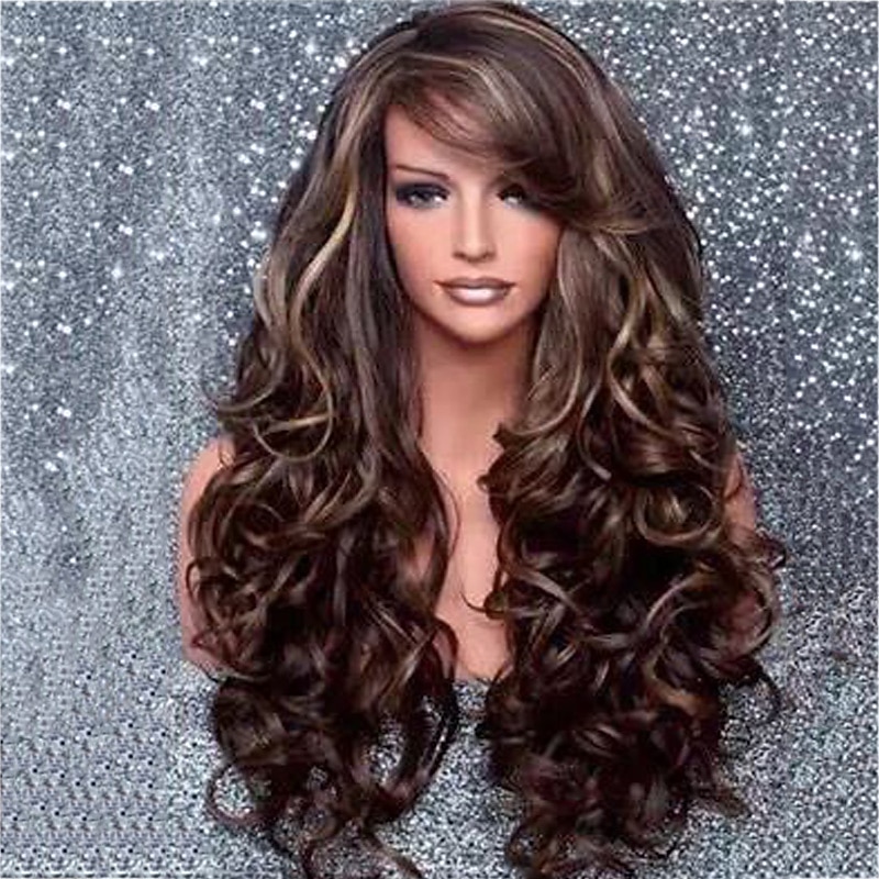 Synthetic Wig Curly Water Wave With Bangs Wig Long Dark Brown Synthetic Hair 26 inch Women's Fashionable Design Party Comfortable Dark Brown / Daily Wear