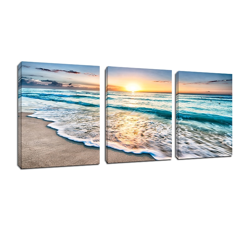 3 Panels Wall Art Canvas Prints Posters Painting Artwork Picture Blue Sea Sunset White Beach Landscape Modern Home Decoration Décor Rolled Canvas No Frame Unframed Unstretched2