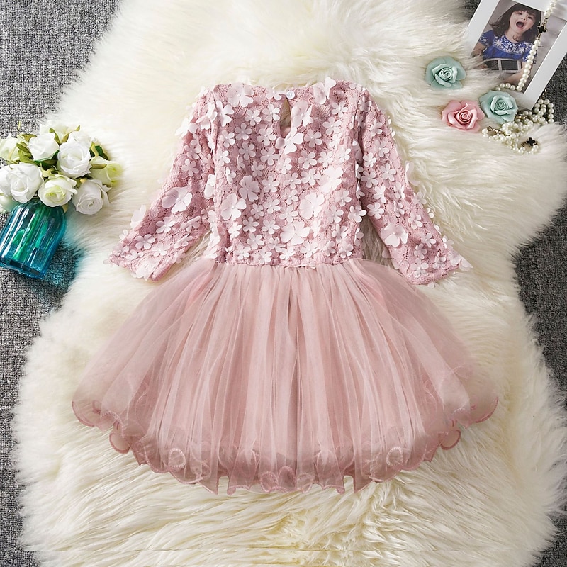 Kids Girls' Embroidered Flowers Lace Dress Solid Colored Blushing Pink Knee-length 3/4 Length Sleeve Cute Dresses2