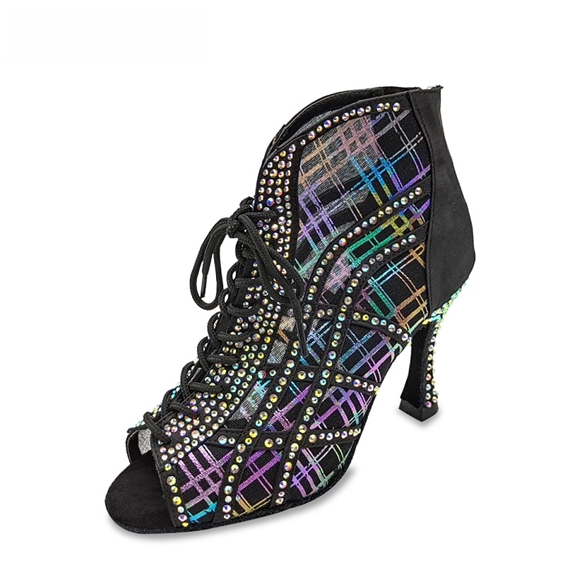 Women's Rhinestone Lace-Up Mesh Latin Dance Shoes – Glitter High Heel Ballroom Sandals for Salsa, Party & Competition3
