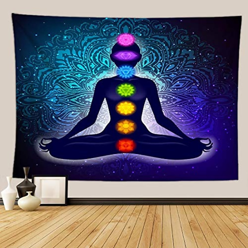 Indian Seven Chakra Meditation Hanging Tapestry Wall Art Large Tapestry Mural Decor Yoga Studio Inner Peace Spiritual Healing Gift Backdrop Blanket Curtain Home Bedroom Living Room Decoration