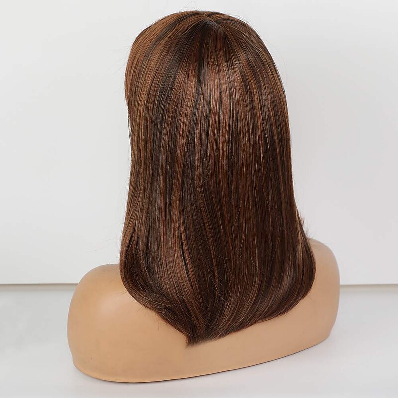 Human Hair Blend Wig Medium Length Natural Straight With Bangs Brown Women Fashion Adorable Capless Women's Dark Auburn#334