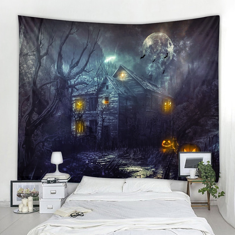Halloween Decorations Tapestry Jack O Lantern Pumpkin Decor Wall Art Large Hanging Tapestry Mural Decor Photograph Backdrop Blanket Curtain Home Bedroom Living Room Bat Haunted House Graveyard4