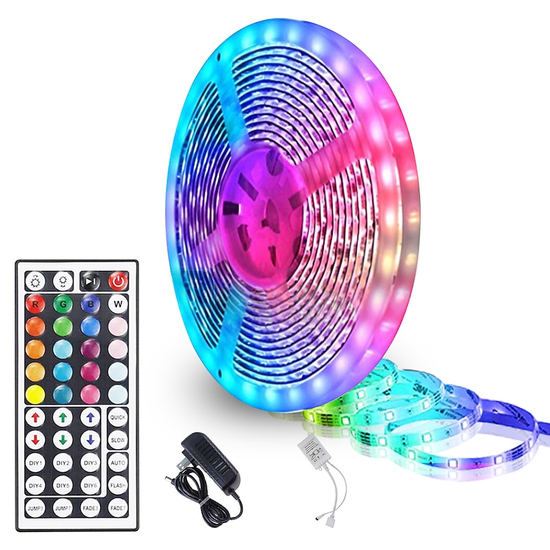 LED Strip Lights 5 Meters Waterproof Flexible LED Light Strips 90x5050 RGB SMD LEDs IR 44 Key Controller with Installation Package and 12V Adapter Kit