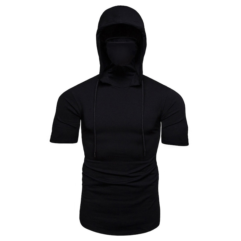 Men's Hoodie with Mask Running Shirt Drawstring Short Sleeve Tee Tshirt Street Athleisure Fall Solid Colored Cotton Thermal Warm Soft Sweat wicking Breathable Jogging Training Running Sportswear4