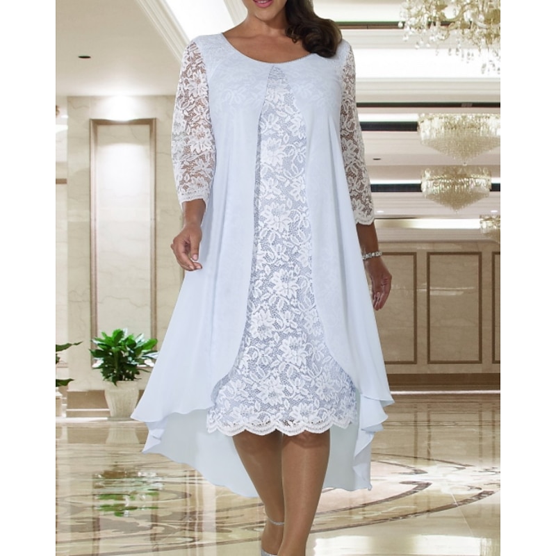 Beach Wedding A-Line Mother of the Bride Dress Wedding Guest Elegant Plus Size Jewel Neck Knee Length Chiffon Lace Long Sleeve with Lace