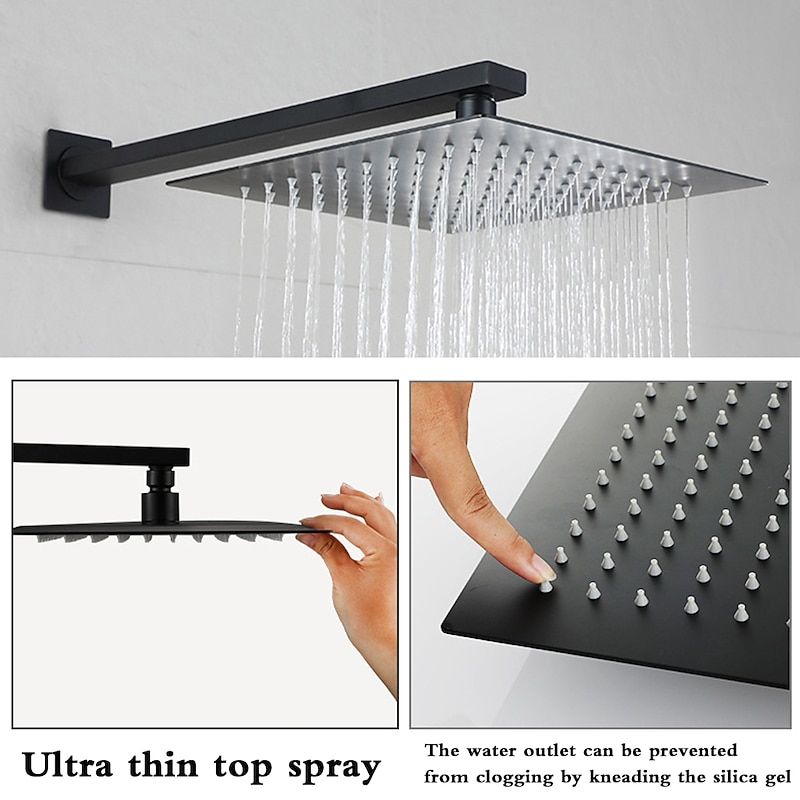 Concealed Shower Faucet Combo Set Black, 8"/10"/12"Ultra Thin Top Head Shower System Mixer Rough In Valve Rainfall High Pressure Head with Handheld, Wall Monted Tub and Shower Trim Kit Bathroom Bath4