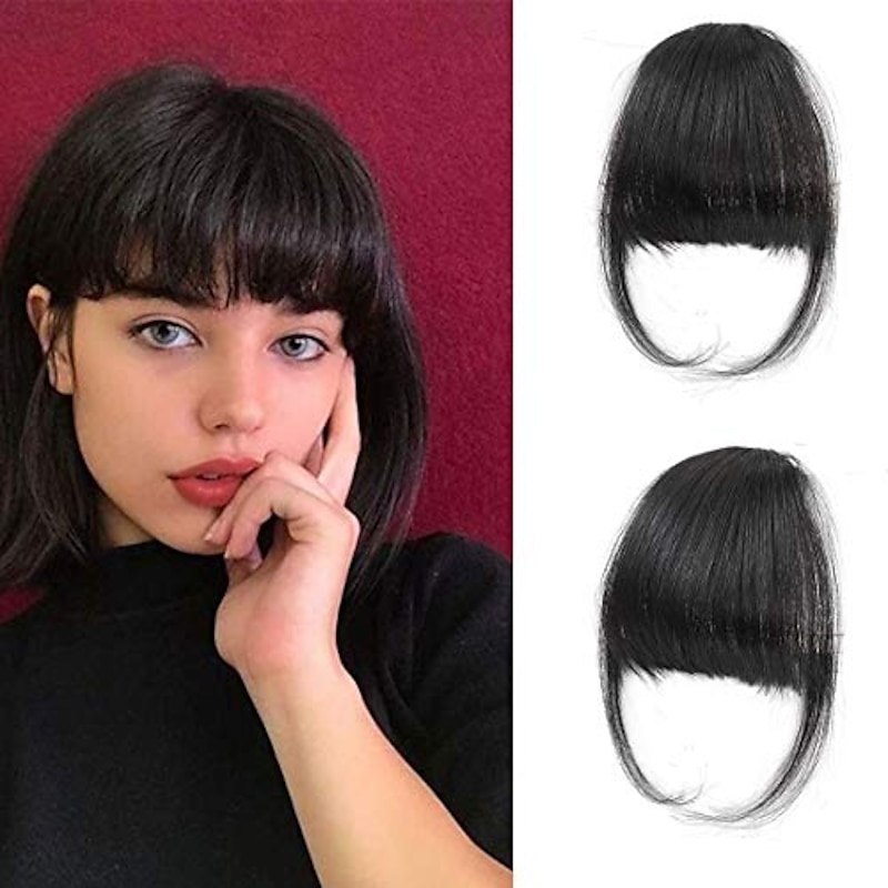 Clip in Bangs - 100% Human Hair Wispy Bangs Clip in Hair Extensions, Black Air Bangs Fringe with Temples Hairpieces for Women Curved Bangs for Daily Wear2