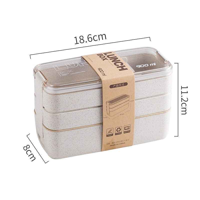 900ml Portable Lunch Box 3 Layer Wheat Straw Bento Boxes Microwave Dinnerware Food Storage Container Foodbox 1set2
